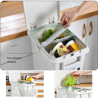 7030 32L Long Tube Kitchen Double Layer Mobile Pulley Garbage Basket Dry Wet Separation Trash Can