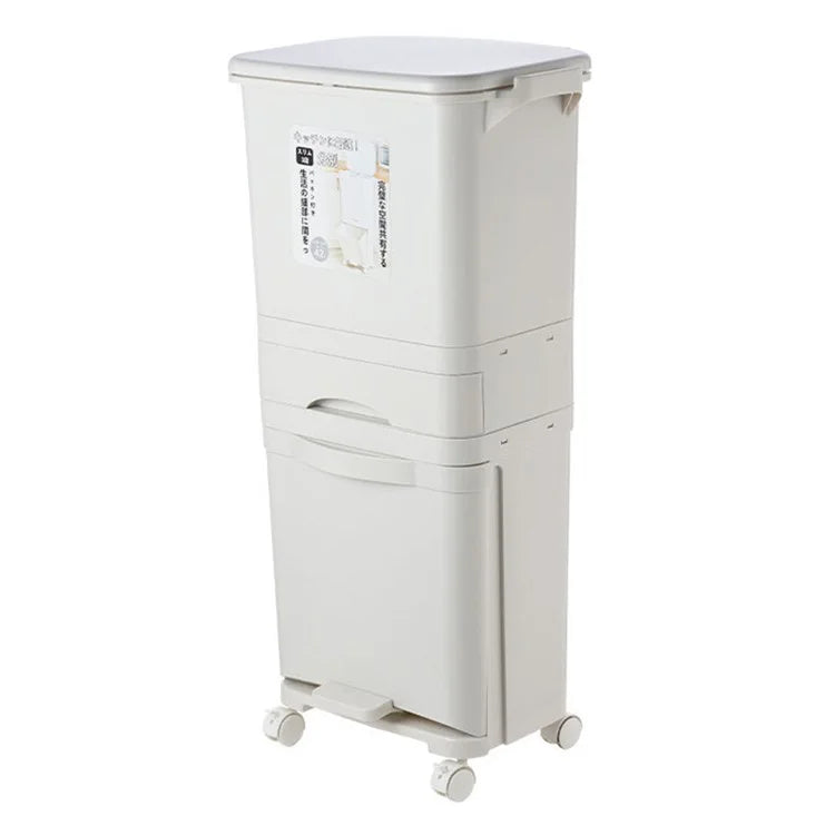 7023 42L Dry Wet Separation Plastic Trash Can Long Tube Kitchen Mobile Pulley Garbage Basket