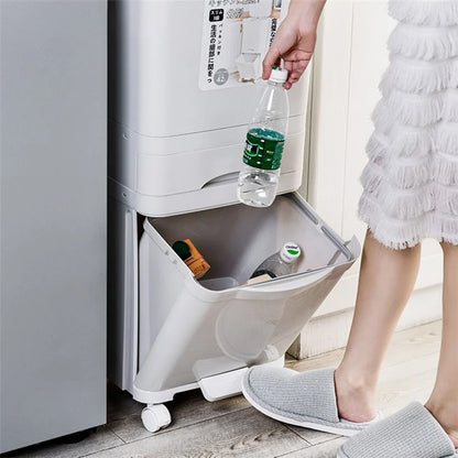 7023 42L Dry Wet Separation Plastic Trash Can Long Tube Kitchen Mobile Pulley Garbage Basket