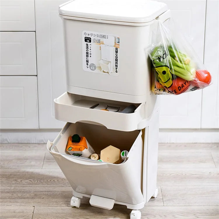7023 42L Dry Wet Separation Plastic Trash Can Long Tube Kitchen Mobile Pulley Garbage Basket
