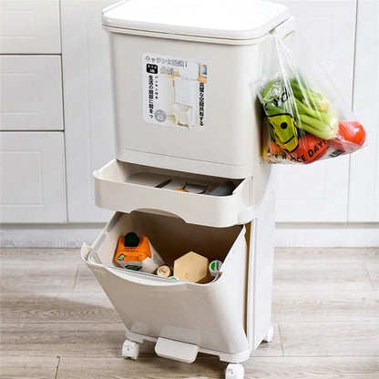 7023 42L Dry Wet Separation Plastic Trash Can Long Tube Kitchen Mobile Pulley Garbage Basket