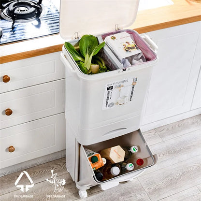 7023 42L Dry Wet Separation Plastic Trash Can Long Tube Kitchen Mobile Pulley Garbage Basket