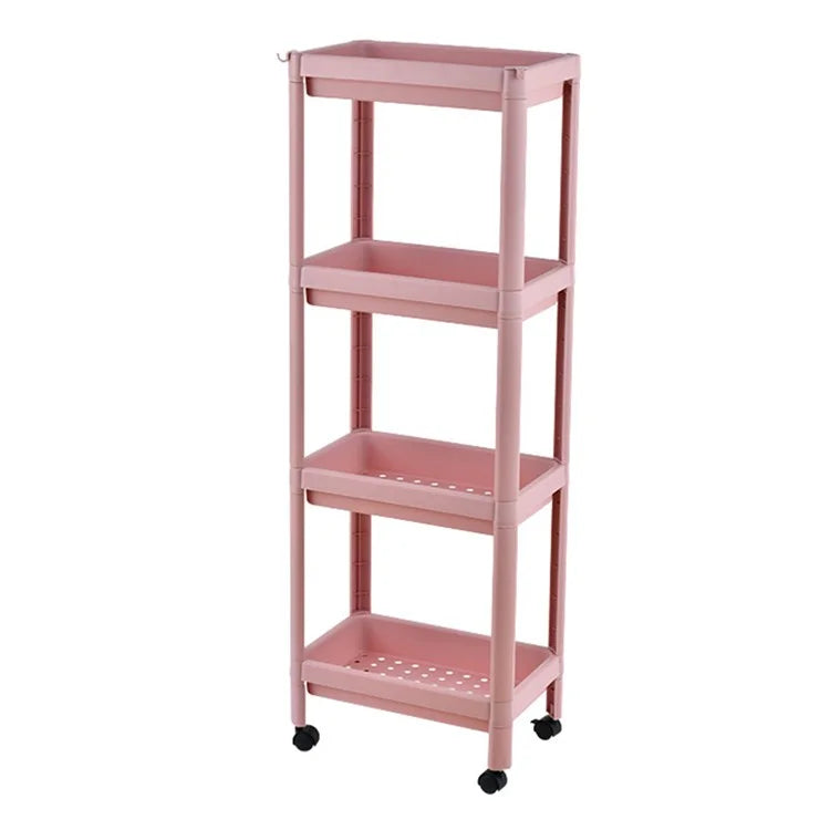 4 Layer Plastic Floor Standing Storage Rack Movable Pulley Storage Shelf for Bathroom Kitchen