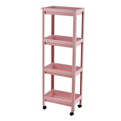 4 Layer Plastic Floor Standing Storage Rack Movable Pulley Storage Shelf for Bathroom Kitchen