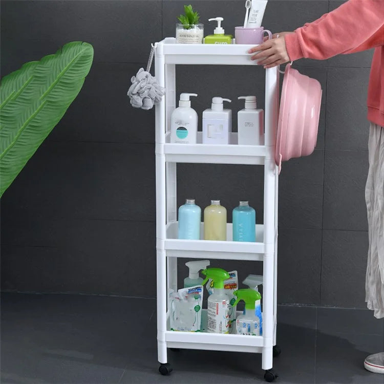 4 Layer Plastic Floor Standing Storage Rack Movable Pulley Storage Shelf for Bathroom Kitchen