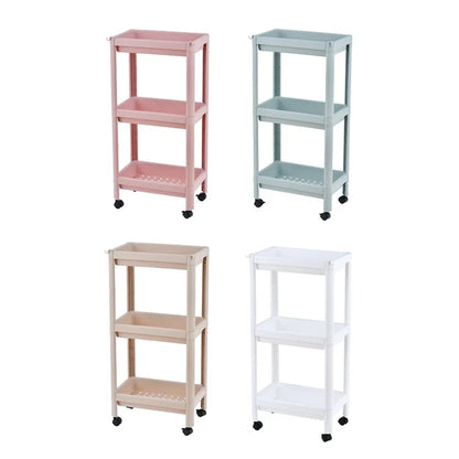 4 Layer Plastic Floor Standing Storage Rack Movable Pulley Storage Shelf for Bathroom Kitchen