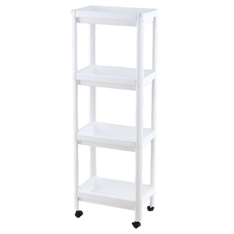 4 Layer Plastic Floor Standing Storage Rack Movable Pulley Storage Shelf for Bathroom Kitchen