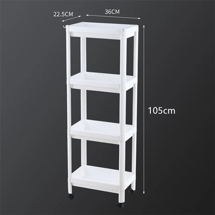 4 Layer Plastic Floor Standing Storage Rack Movable Pulley Storage Shelf for Bathroom Kitchen