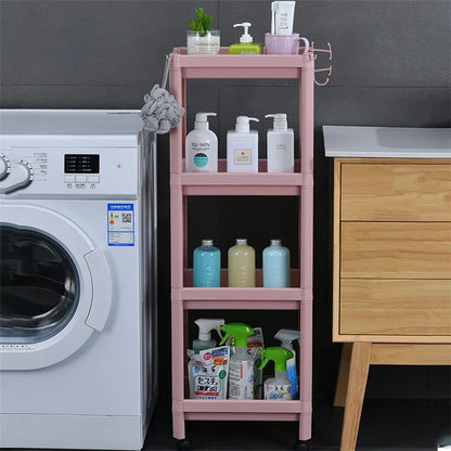 4 Layer Plastic Floor Standing Storage Rack Movable Pulley Storage Shelf for Bathroom Kitchen