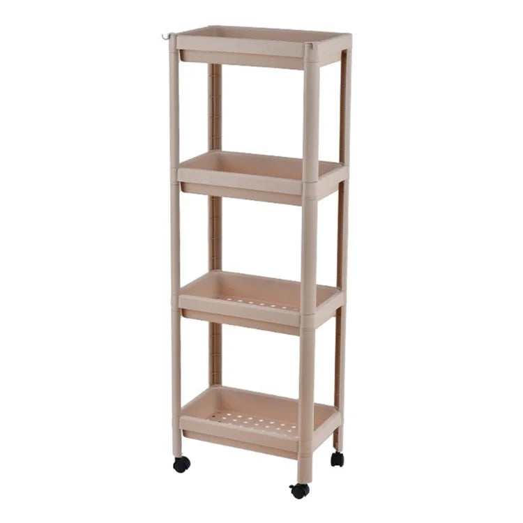 4 Layer Plastic Floor Standing Storage Rack Movable Pulley Storage Shelf for Bathroom Kitchen