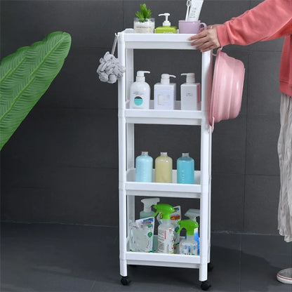4 Layer Plastic Floor Standing Storage Rack Movable Pulley Storage Shelf for Bathroom Kitchen
