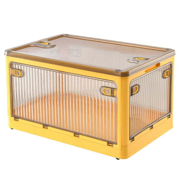 28L Folding Plastic Storage Bin 5-Sided Door Opening Transparent Removable Pulley Stackable Box, Size S