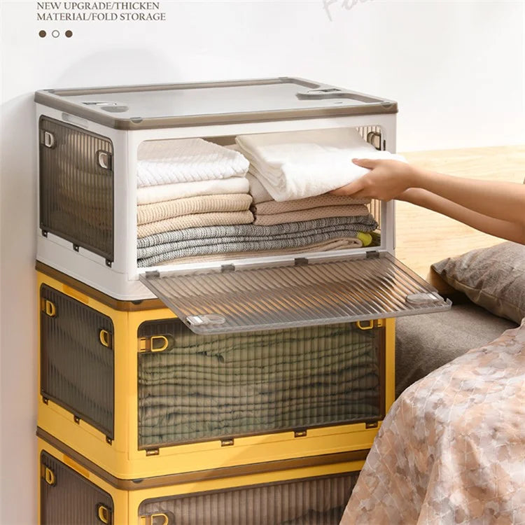 28L Folding Plastic Storage Bin 5-Sided Door Opening Transparent Removable Pulley Stackable Box, Size S