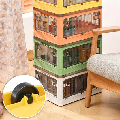 28L Folding Plastic Storage Bin 5-Sided Door Opening Transparent Removable Pulley Stackable Box, Size S