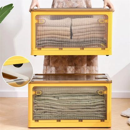 28L Folding Plastic Storage Bin 5-Sided Door Opening Transparent Removable Pulley Stackable Box, Size S