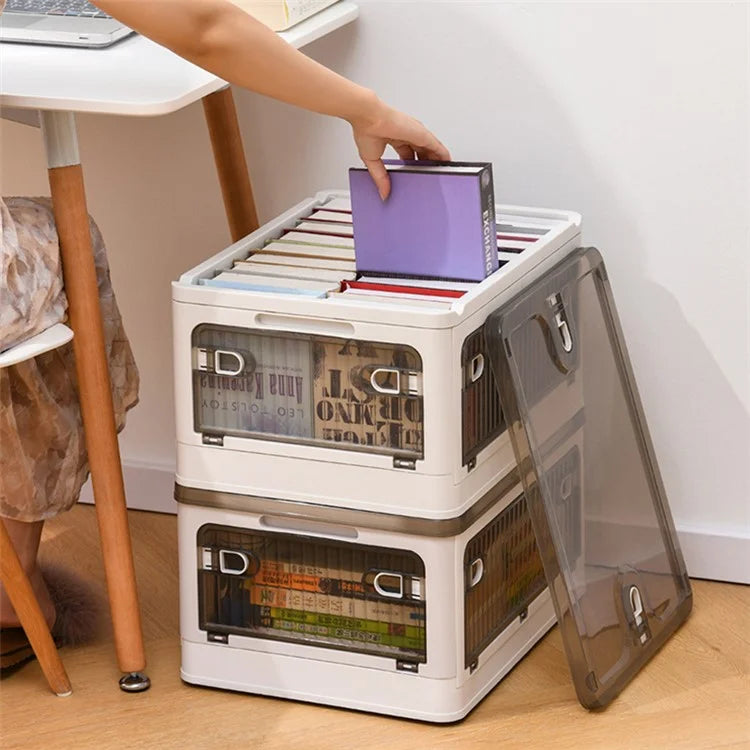 28L Folding Plastic Storage Bin 5-Sided Door Opening Transparent Removable Pulley Stackable Box, Size S