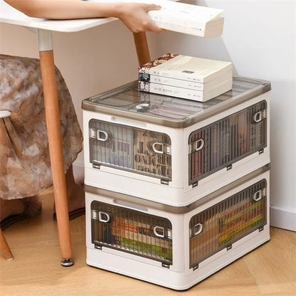 28L Folding Plastic Storage Bin 5-Sided Door Opening Transparent Removable Pulley Stackable Box, Size S