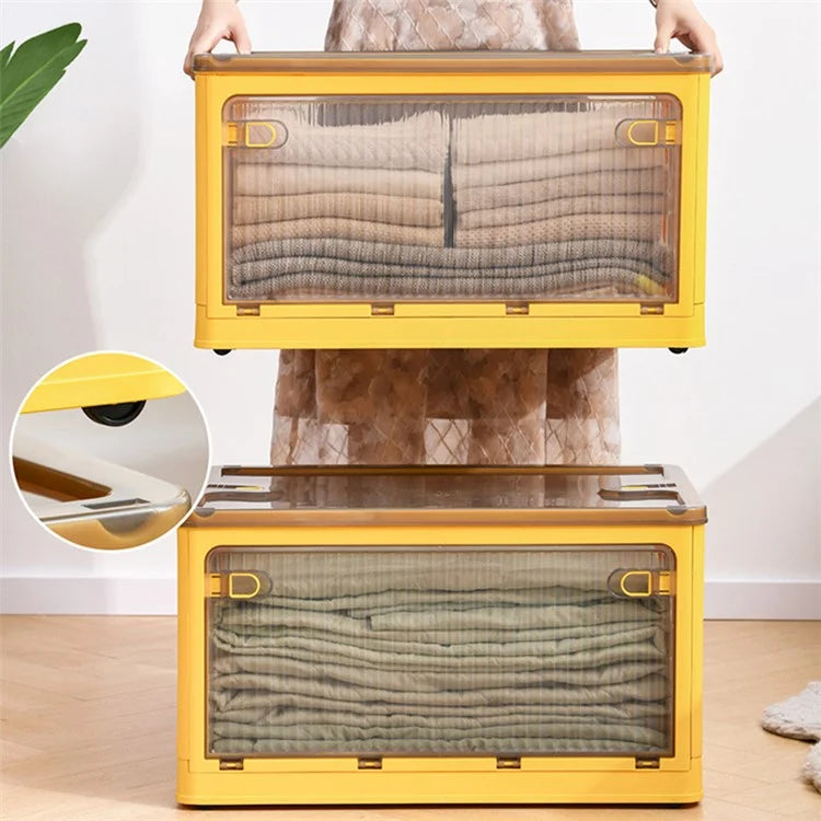 28L Folding Plastic Storage Bin 5-Sided Door Opening Transparent Removable Pulley Stackable Box, Size S