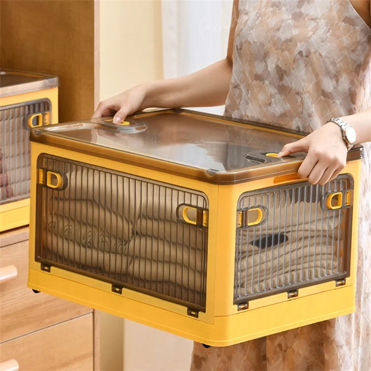 28L Folding Plastic Storage Bin 5-Sided Door Opening Transparent Removable Pulley Stackable Box, Size S