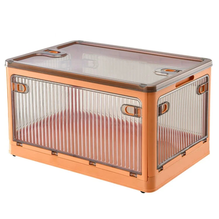28L Folding Plastic Storage Bin 5-Sided Door Opening Transparent Removable Pulley Stackable Box, Size S