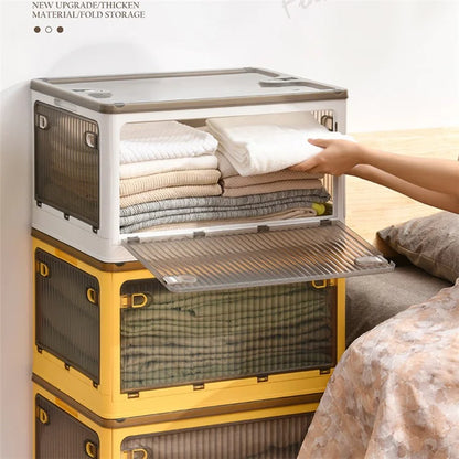 28L Folding Plastic Storage Bin 5-Sided Door Opening Transparent Removable Pulley Stackable Box, Size S