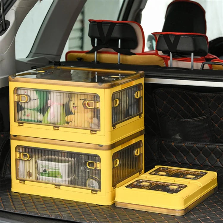 28L Folding Plastic Storage Bin 5-Sided Door Opening Transparent Removable Pulley Stackable Box, Size S