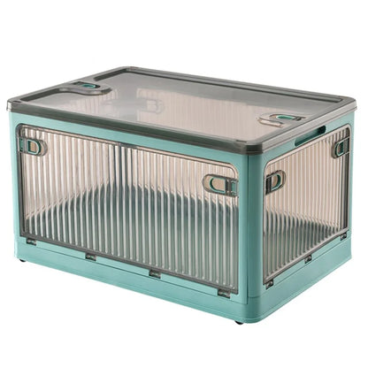 28L Folding Plastic Storage Bin 5-Sided Door Opening Transparent Removable Pulley Stackable Box, Size S