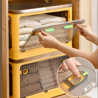 28L Folding Plastic Storage Bin 5-Sided Door Opening Transparent Removable Pulley Stackable Box, Size S