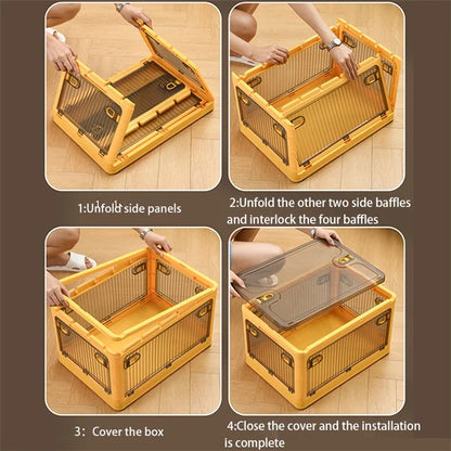 40L Transparent Plastic Storage Bin 5-Sided Door Opening Removable Pulley Stackable Folding Box, Size M