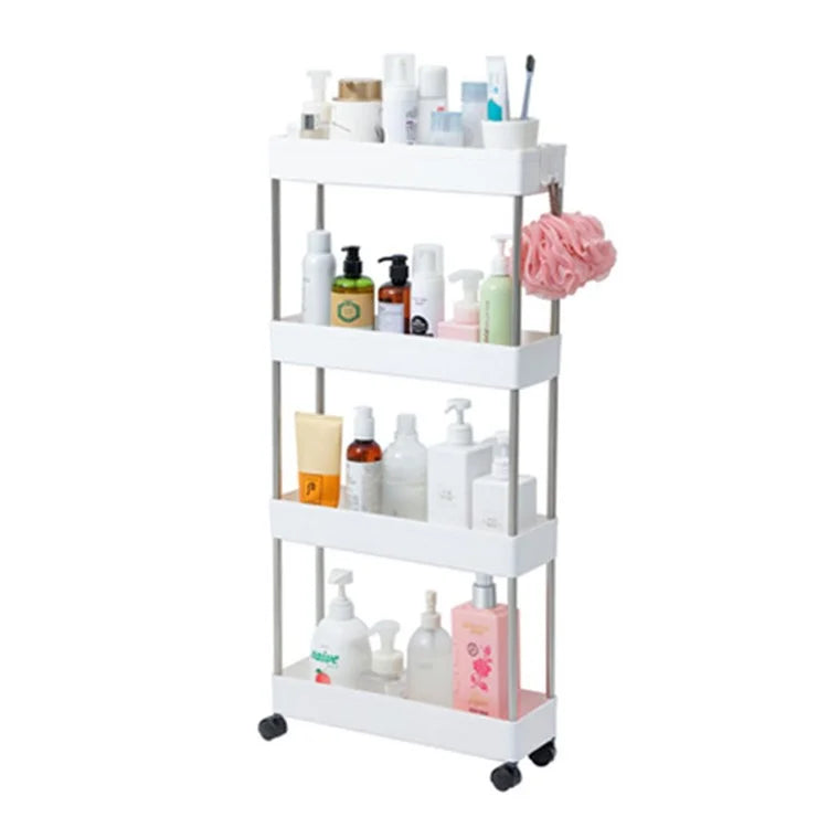 4 Tier Narrow Type PP + Stainless Steel Bathroom Storage Rack with Wheels Rolling Organizer Shelf