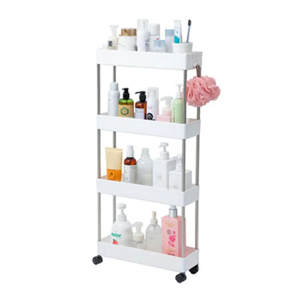 4 Tier Narrow Type PP + Stainless Steel Bathroom Storage Rack with Wheels Rolling Organizer Shelf