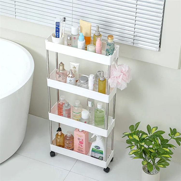 4 Tier Narrow Type PP + Stainless Steel Bathroom Storage Rack with Wheels Rolling Organizer Shelf