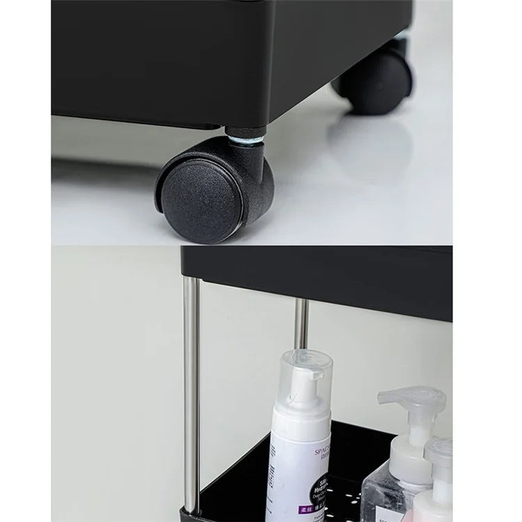 4 Tier Narrow Type PP + Stainless Steel Bathroom Storage Rack with Wheels Rolling Organizer Shelf