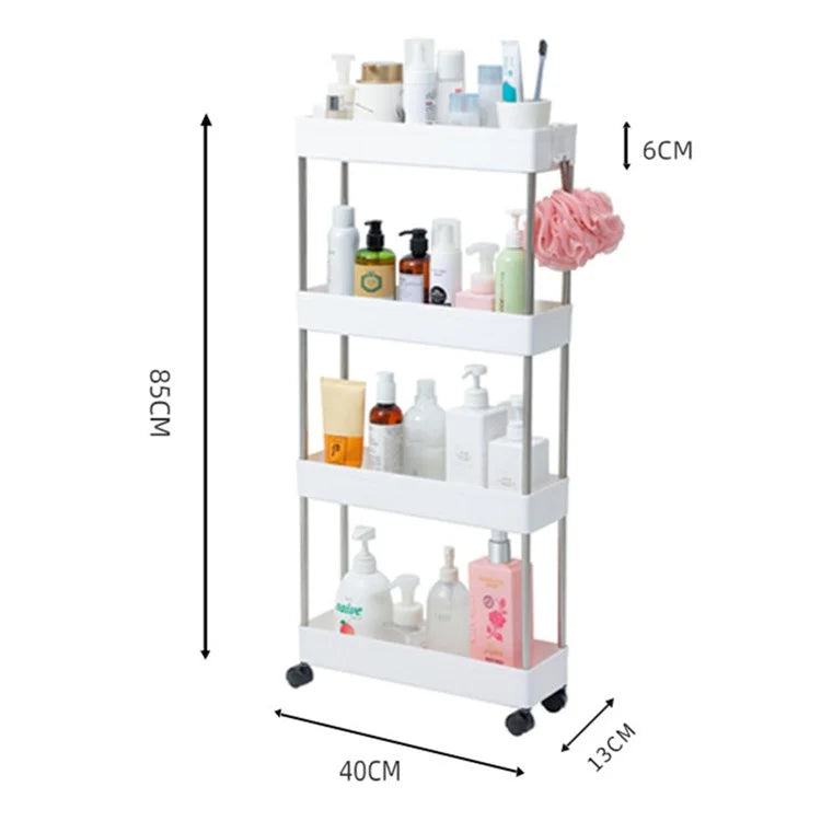 4 Tier Narrow Type PP + Stainless Steel Bathroom Storage Rack with Wheels Rolling Organizer Shelf