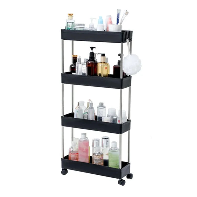 4 Tier Narrow Type PP + Stainless Steel Bathroom Storage Rack with Wheels Rolling Organizer Shelf