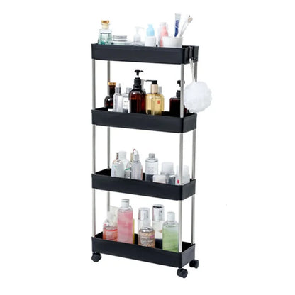 4 Tier Narrow Type PP + Stainless Steel Bathroom Storage Rack with Wheels Rolling Organizer Shelf