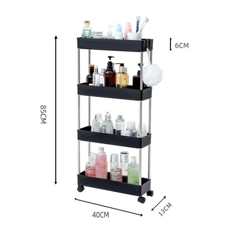 4 Tier Narrow Type PP + Stainless Steel Bathroom Storage Rack with Wheels Rolling Organizer Shelf