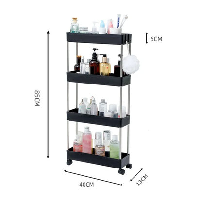 4 Tier Narrow Type PP + Stainless Steel Bathroom Storage Rack with Wheels Rolling Organizer Shelf