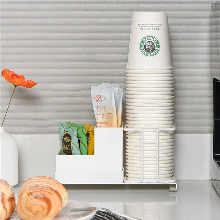 Titanium Steel+PP Desktop Disposable Paper Cup Storage Rack with Coffee Tea Bag Storage Box