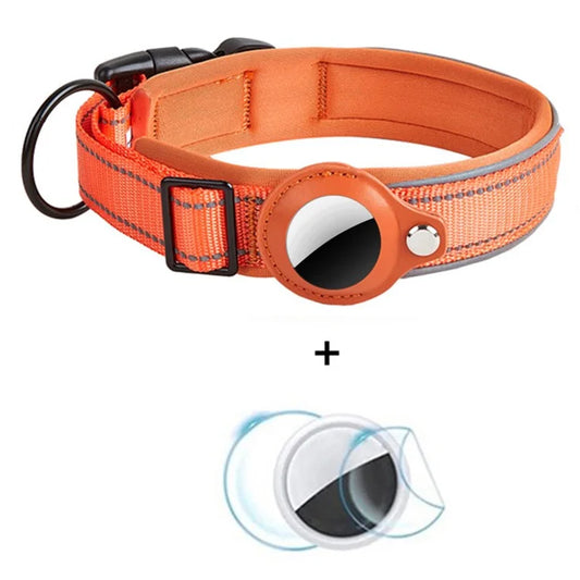 Reflective PU Leather Pet Dog Collar for AirTag Bluetooth Tracker Holder Case, Size: L
