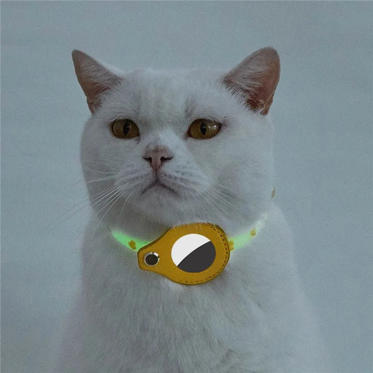 Cat Silicone Collar with Leather Case for AirTag Tracker, Pet Neck Strap with Bell