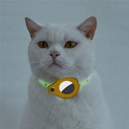 Cat Silicone Collar with Leather Case for AirTag Tracker, Pet Neck Strap with Bell