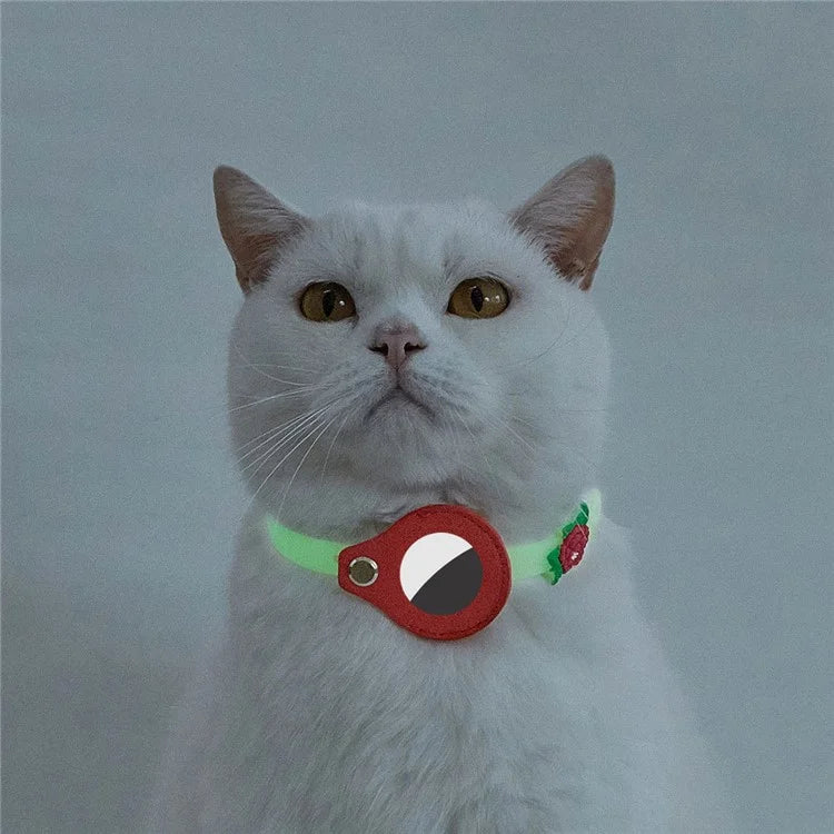 Cat Silicone Collar with Leather Case for AirTag Tracker, Pet Neck Strap with Bell
