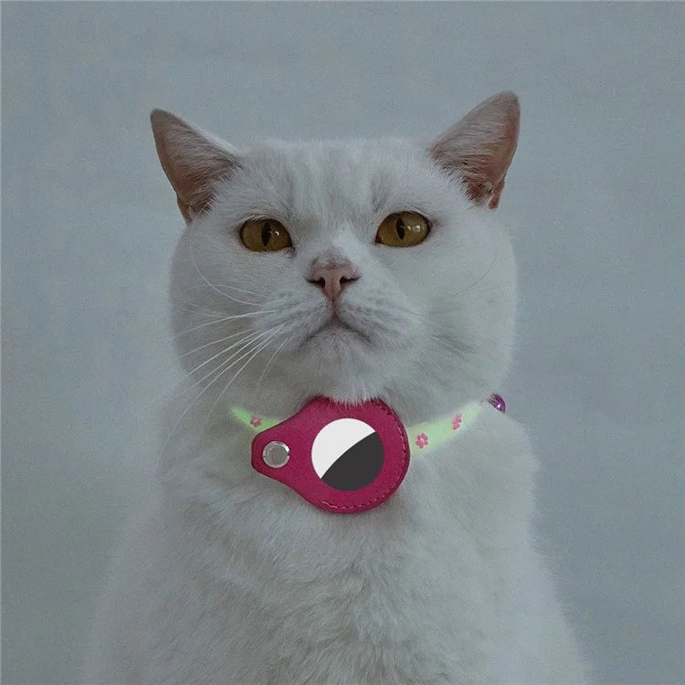 Cat Silicone Collar with Leather Case for AirTag Tracker, Pet Neck Strap with Bell