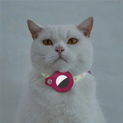Cat Silicone Collar with Leather Case for AirTag Tracker, Pet Neck Strap with Bell