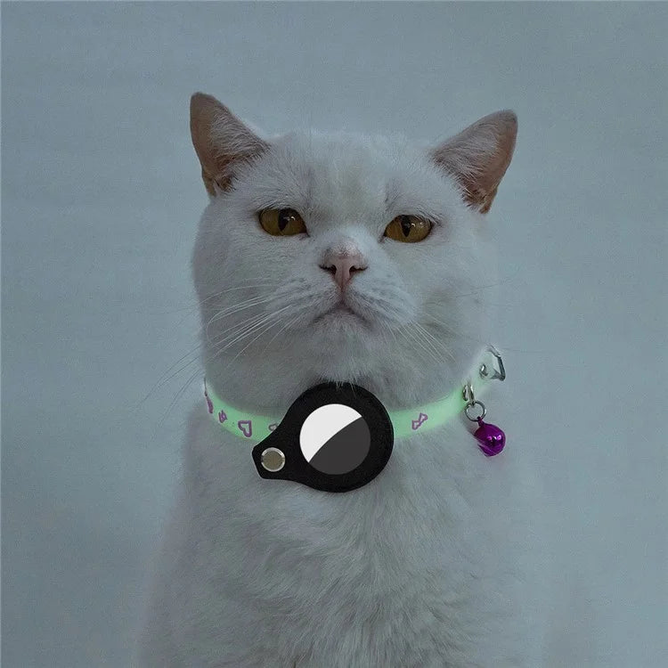 Cat Silicone Collar with Leather Case for AirTag Tracker, Pet Neck Strap with Bell