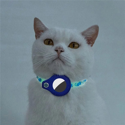 Cat Silicone Collar with Leather Case for AirTag Tracker, Pet Neck Strap with Bell