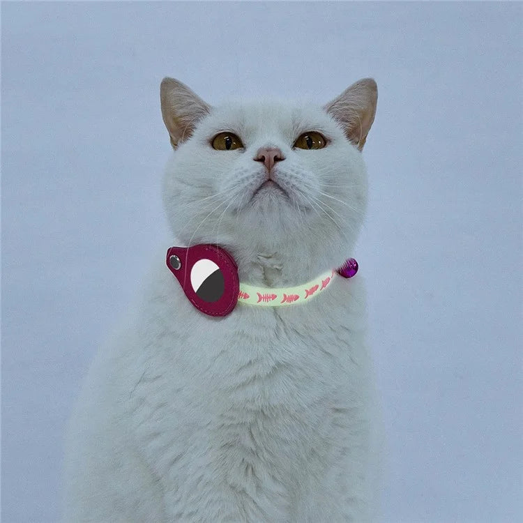 Cat Silicone Collar with Leather Case for AirTag Tracker, Pet Neck Strap with Bell