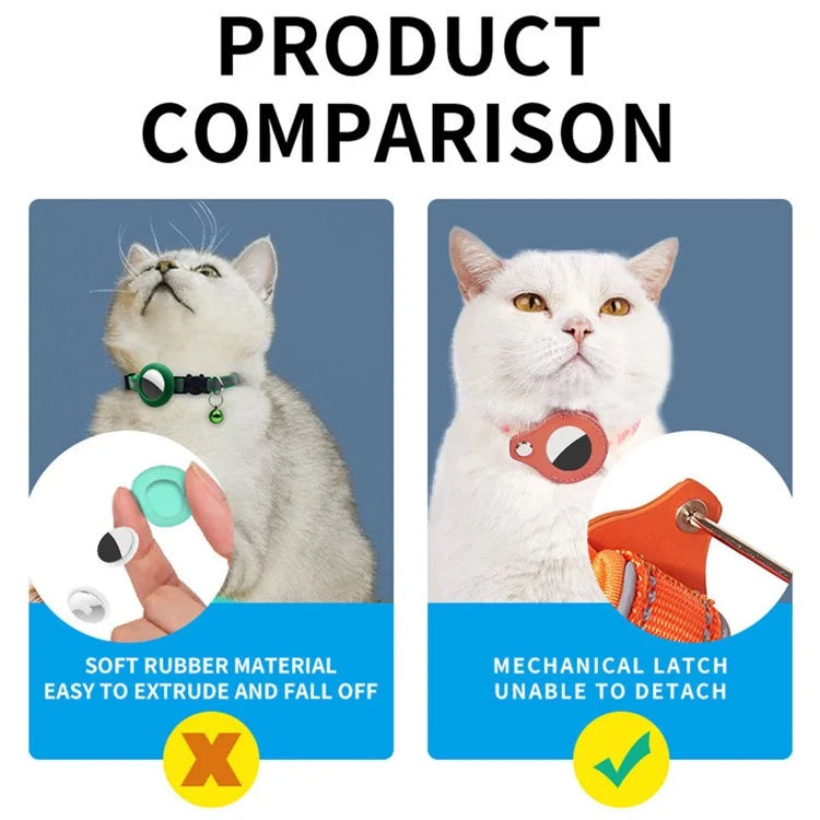 Cat Silicone Collar with Leather Case for AirTag Tracker, Pet Neck Strap with Bell