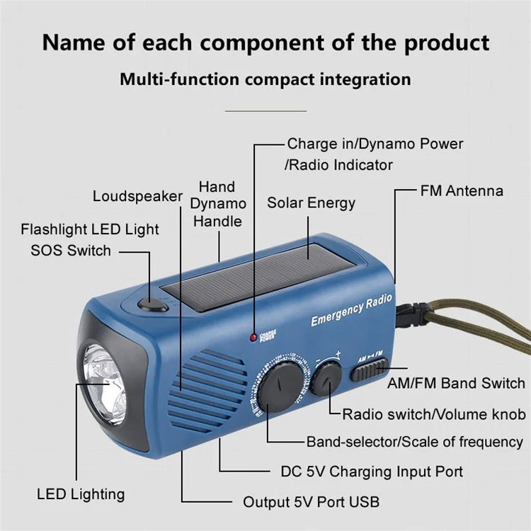 AZ-801 Multi-functional Outdoor Emergency LED Light Hand Crank Solar Power Radio Flashlight